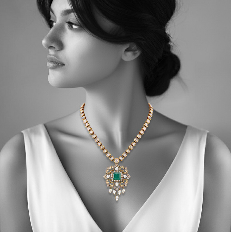 Victorian Pendant with Zambian Emerald and Polki Diamonds